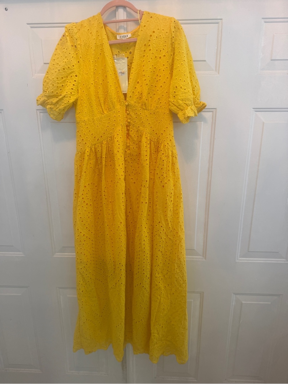 Bright Yellow Eyelet Midi Dress with Button-Front Detail